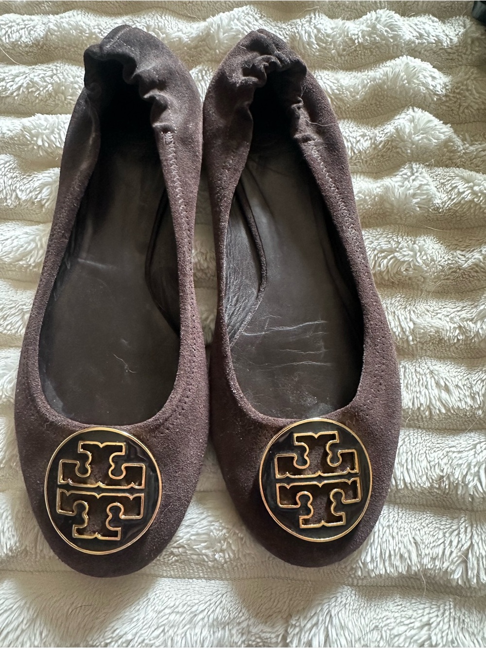 Tory Burch Dark Brown Suede Logo Ballet Flats with Gold Emblem